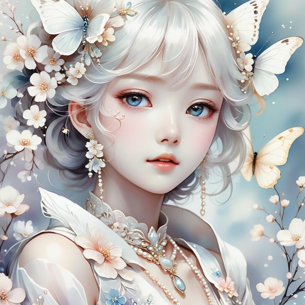 Anime Butterfly Portrait with Pearls and Flowers