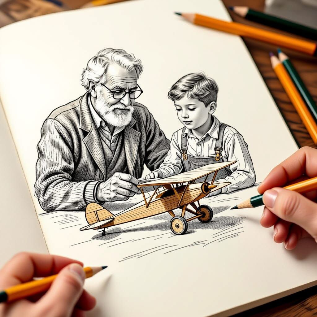 Sketch of Grandfather Teaching Son to Build Airplane
