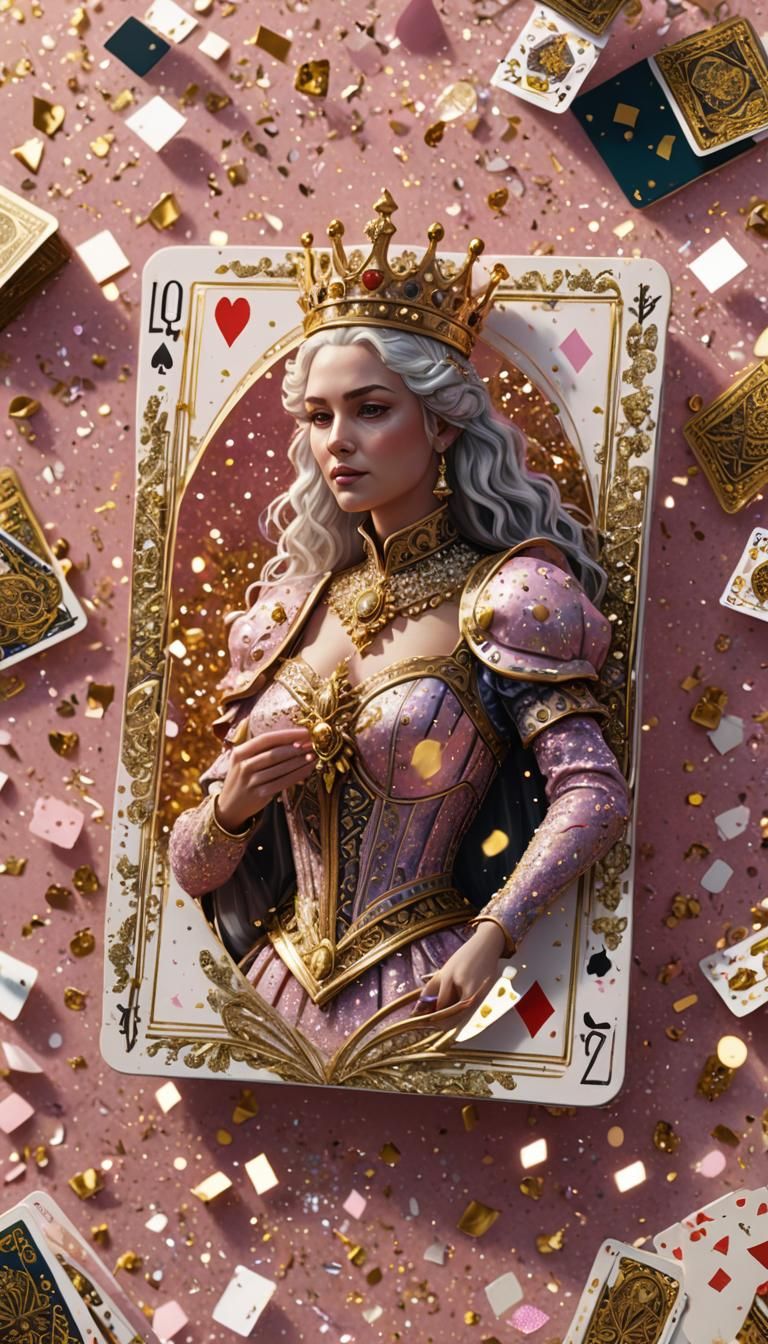 Queen Card Floating in Magical Pink and Yellow Glitter