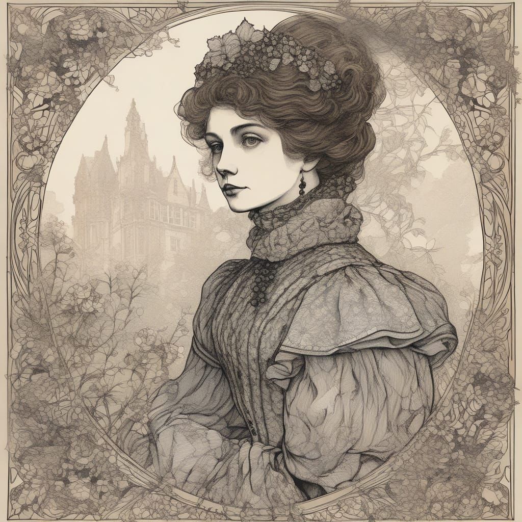 Victorian Lady Illustration in Arthur Rackham Style