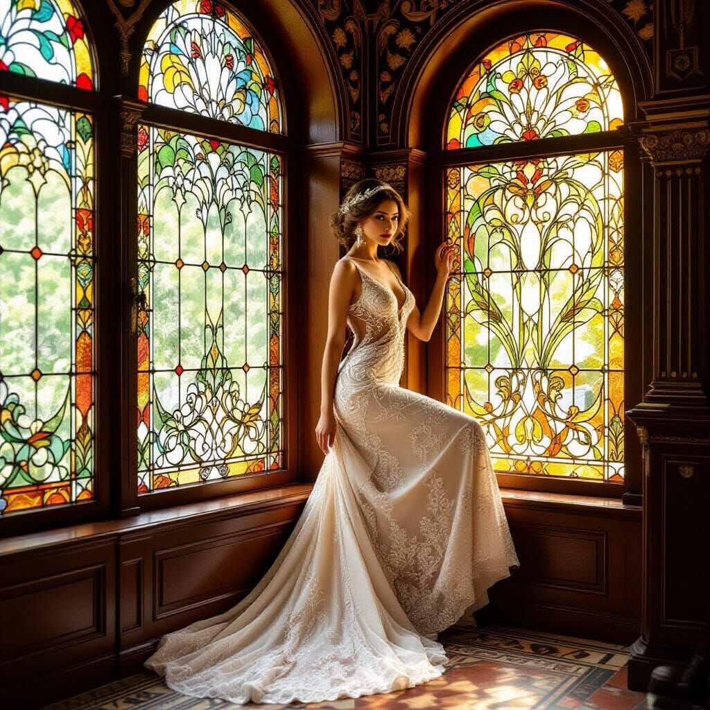 Bride in Art Nouveau Gown Posing by Stained Glass