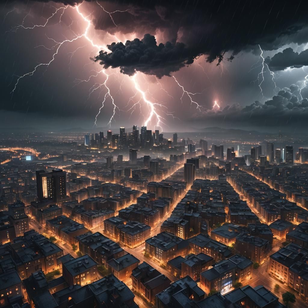 Night City Engulfed in Thunderstorm