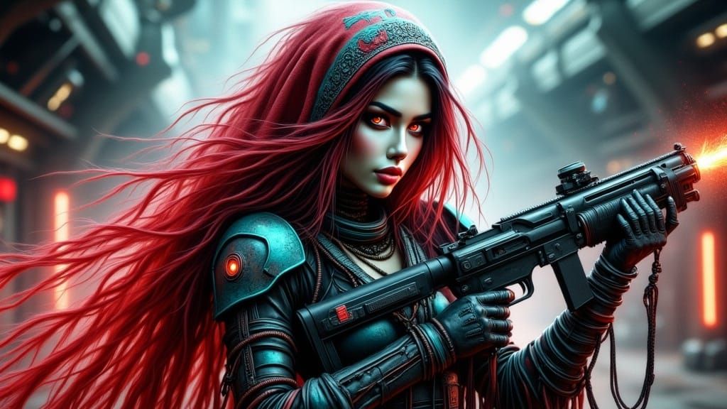 Cyborg Geisha Assassin in Dystopian Sci-Fi Style