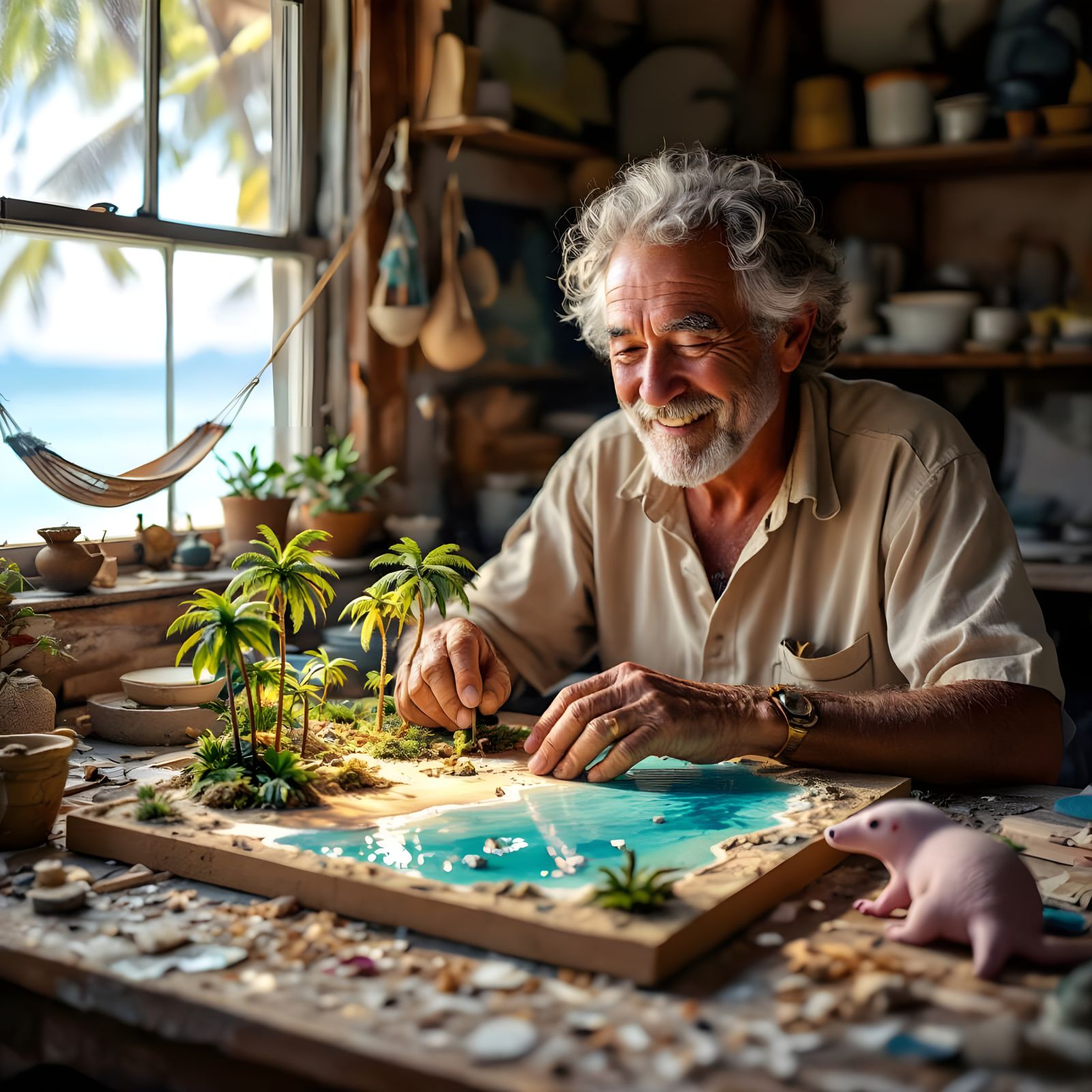 Elderly Artist Creates Tropical Diorama in Cluttered Studio