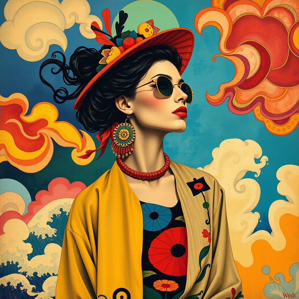 Vibrant Woman in Abstract Cloudscape, Mixed Media Style