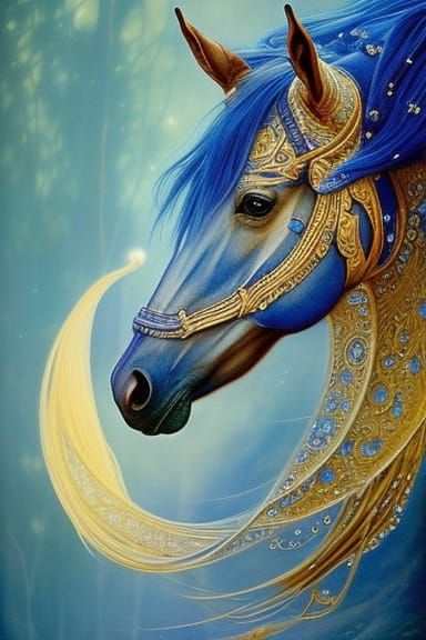 Intricate Cyanotype Horse in Art Nouveau Style