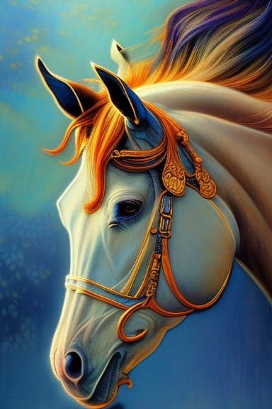 Intricate Cyanotype Horse Portrait in Art Nouveau Style