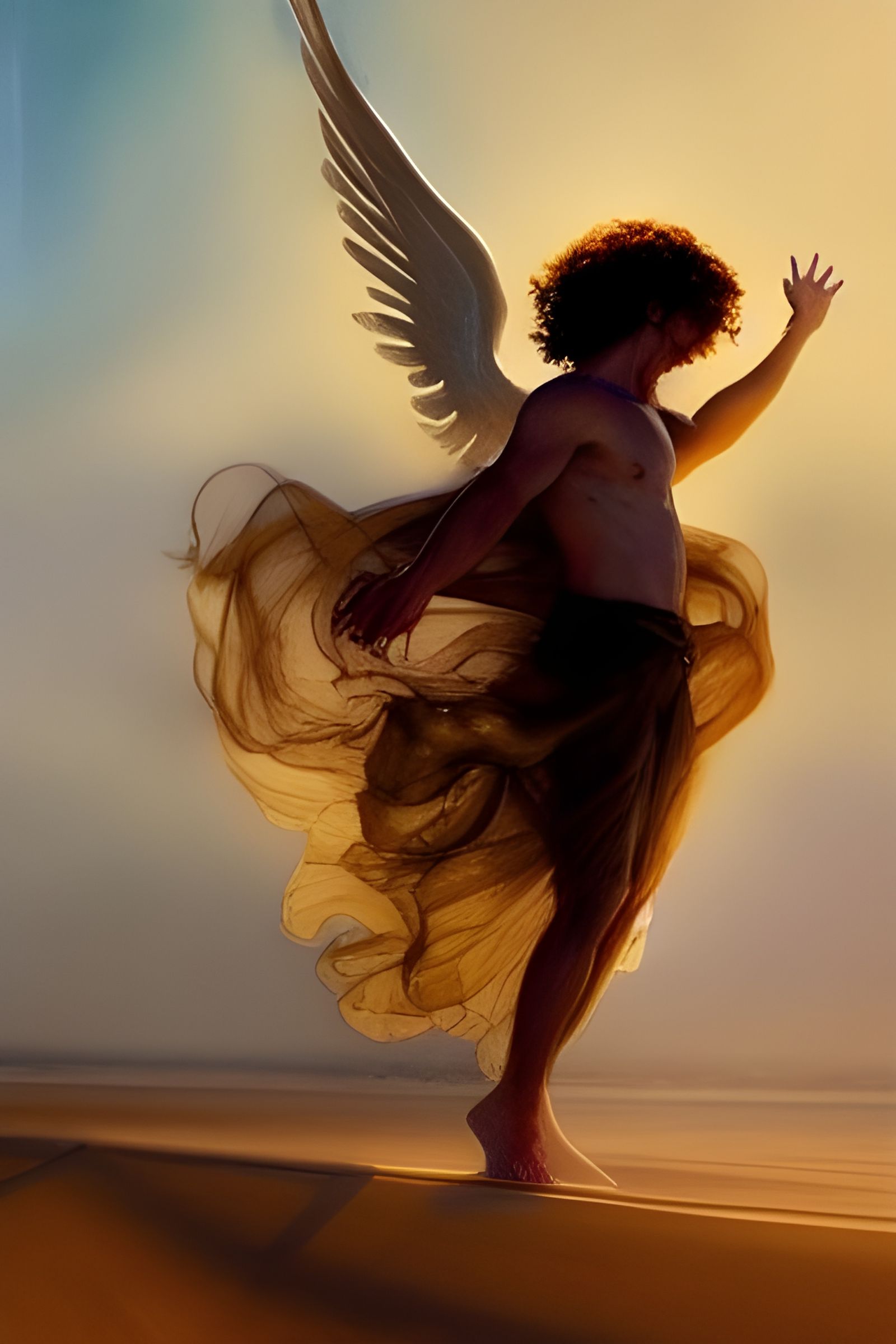 Melancholy Angel Leaving Goddess: Gouache Watercolor Paintin...