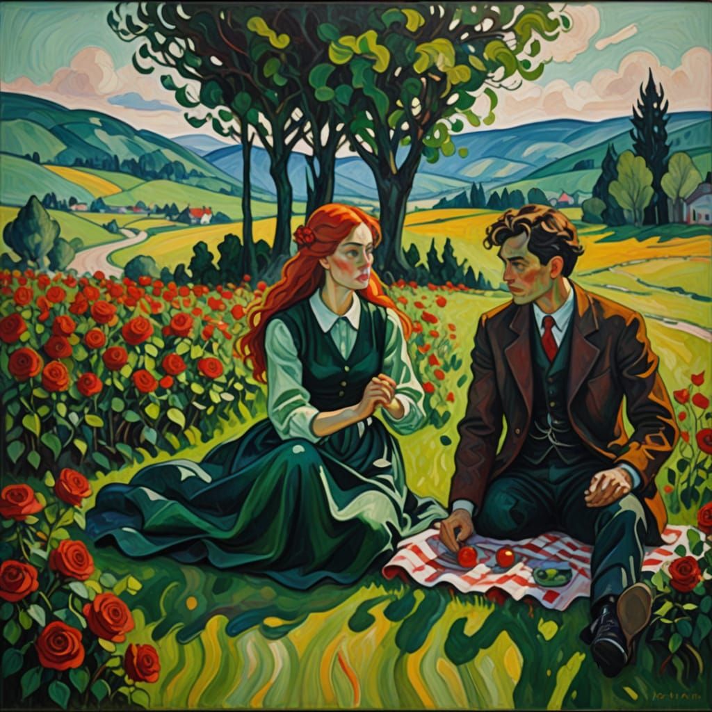 Vibrant Neo-Expressionist Oil Painting of Lovers by a Red Ro...