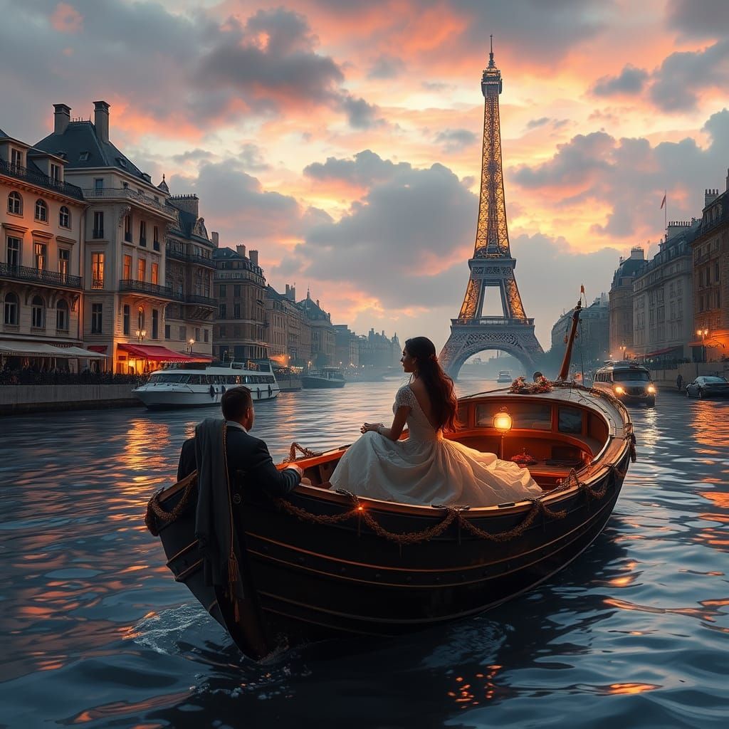 Romantic Parisian Boat Scene in Vibrant Colors