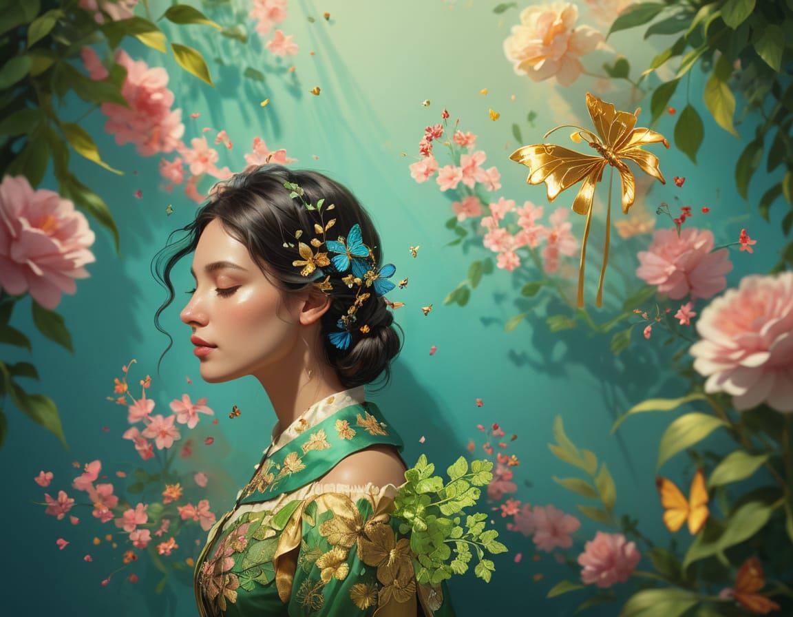 Breathtaking Portrait in Elegant Green Attire, Swirling Colo...