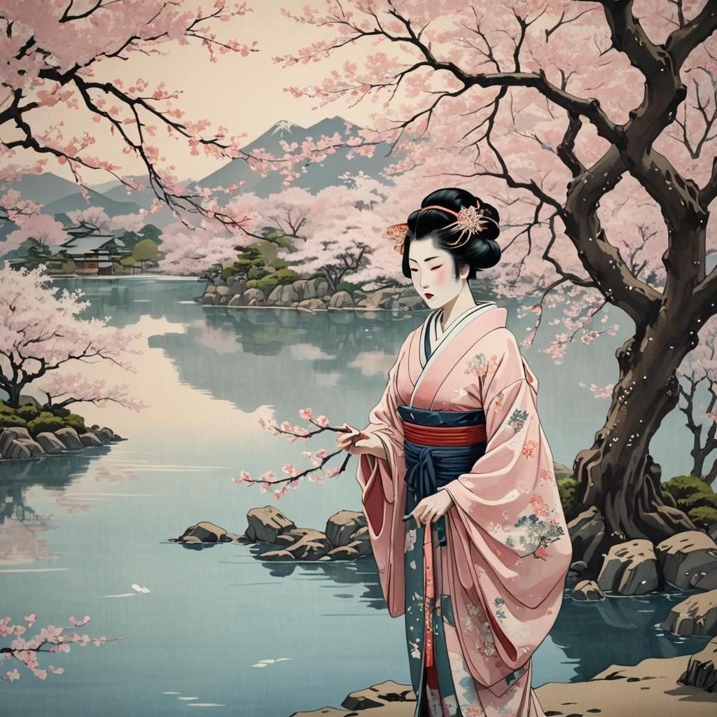 Geisha by Lake in Ukiyo-e Style with Cherry Blossoms