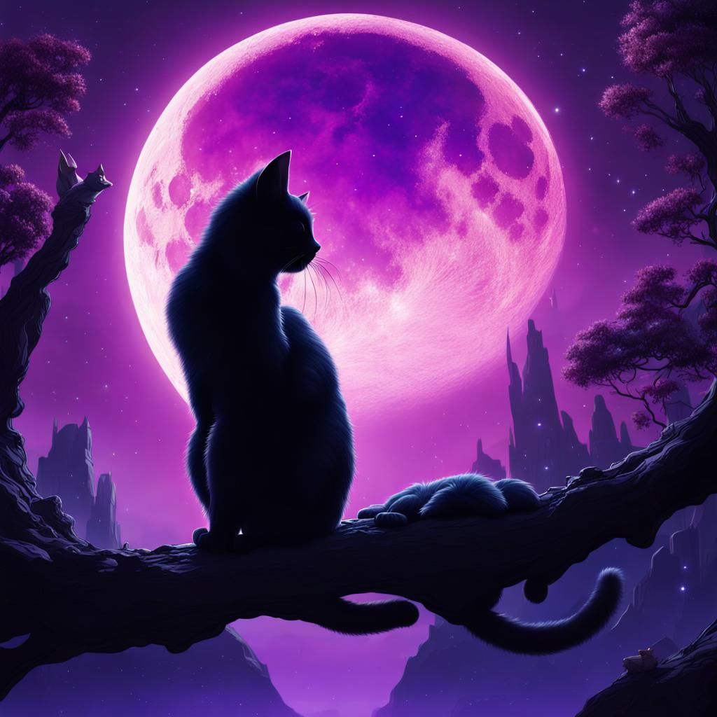 Cat Silhouette on Moon in Purple Night Sky