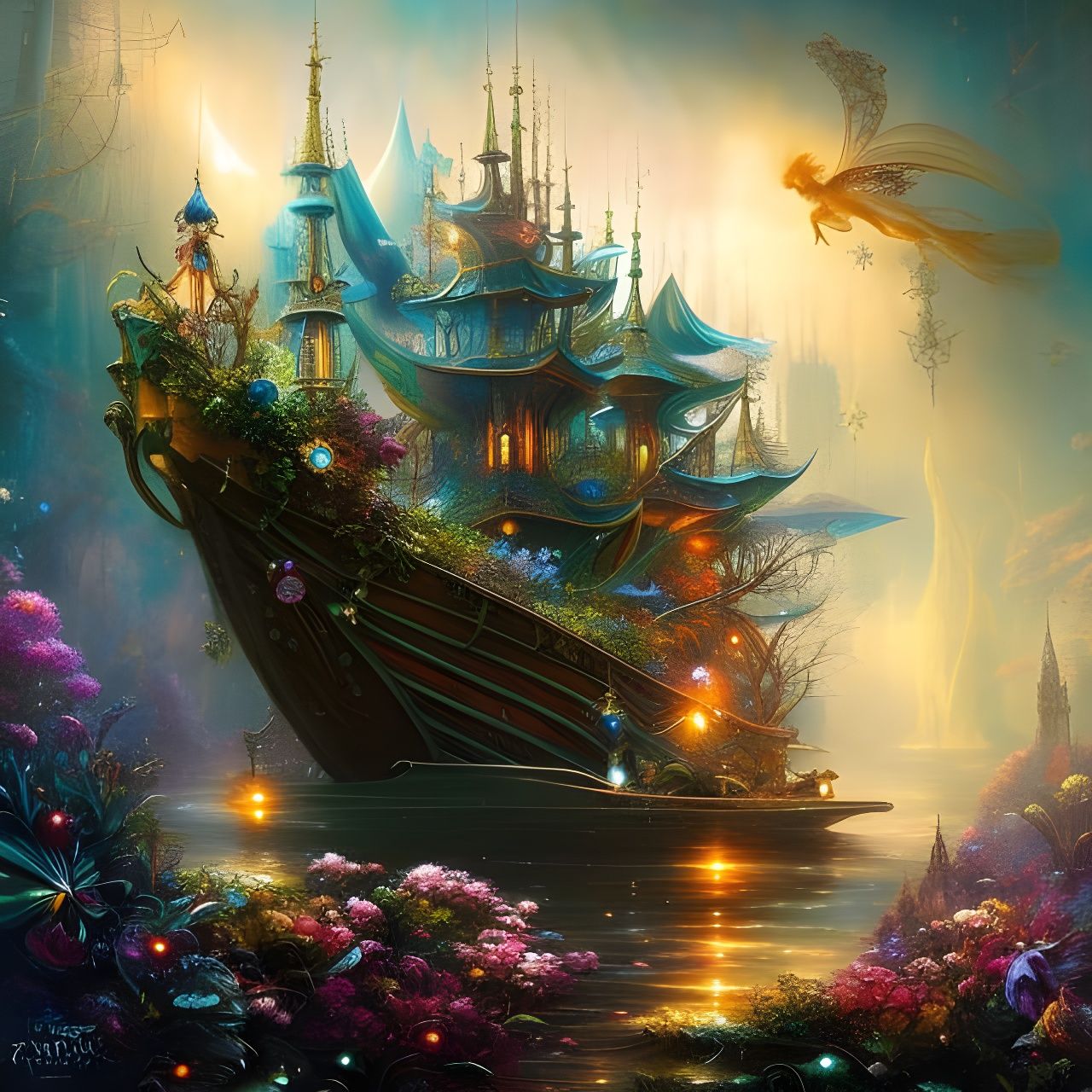Enchanted Fairy Pirate Ship: Detailed Matte Painting