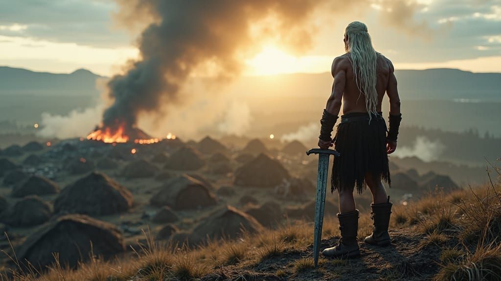 Windswept Viking Warrior Surveys Ruined Village