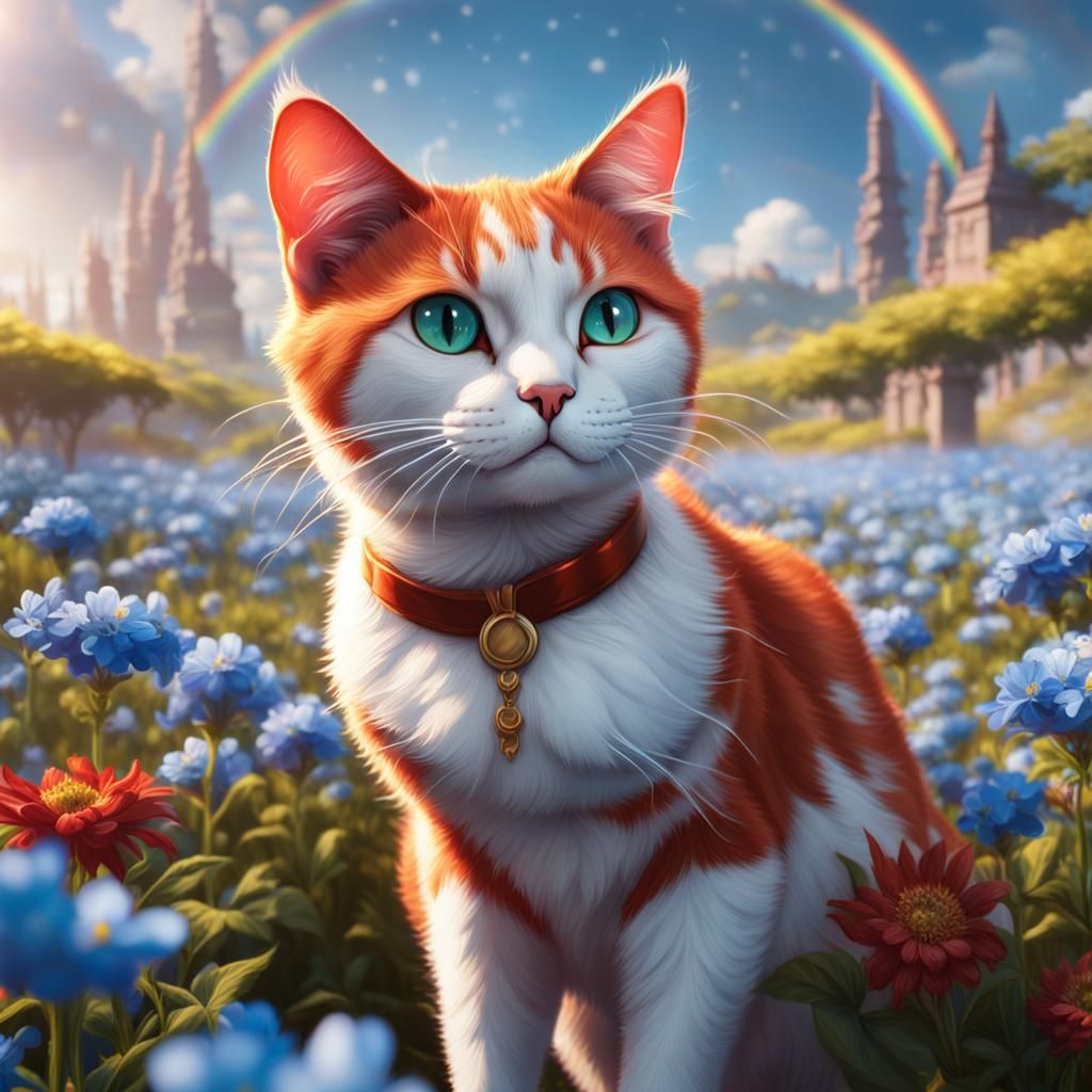 Cat on Flower Field Above Rainbow Bridge