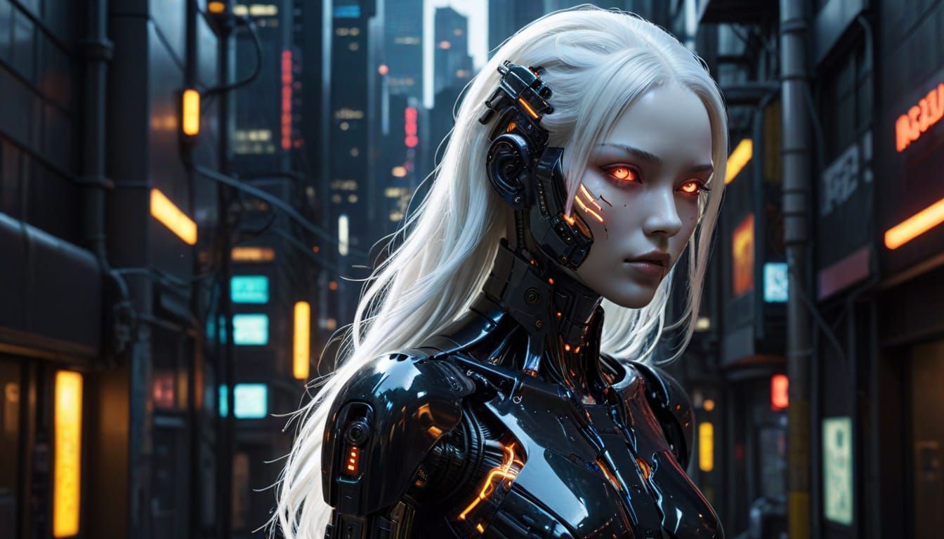 Cyberpunk Android Gynoid with Neon Reflections