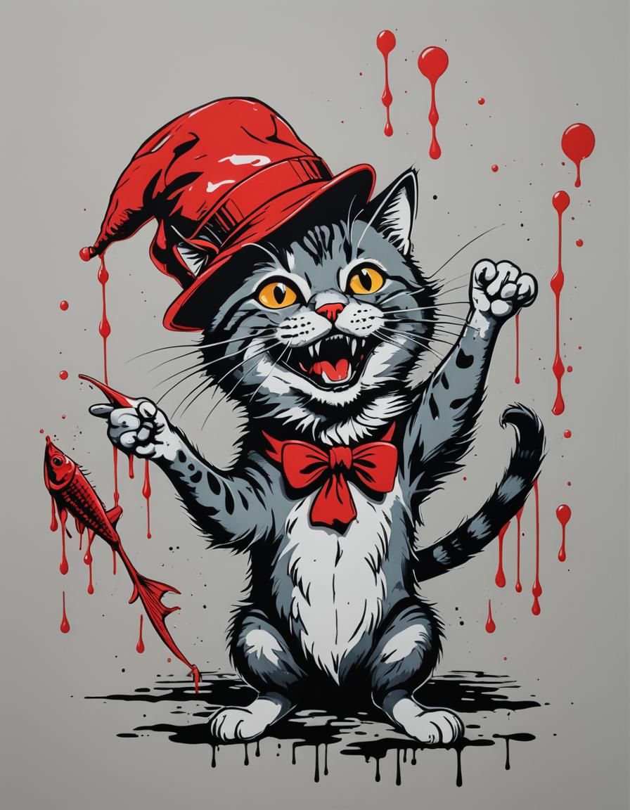 Grinning Cat with Fish in Pop Art Style