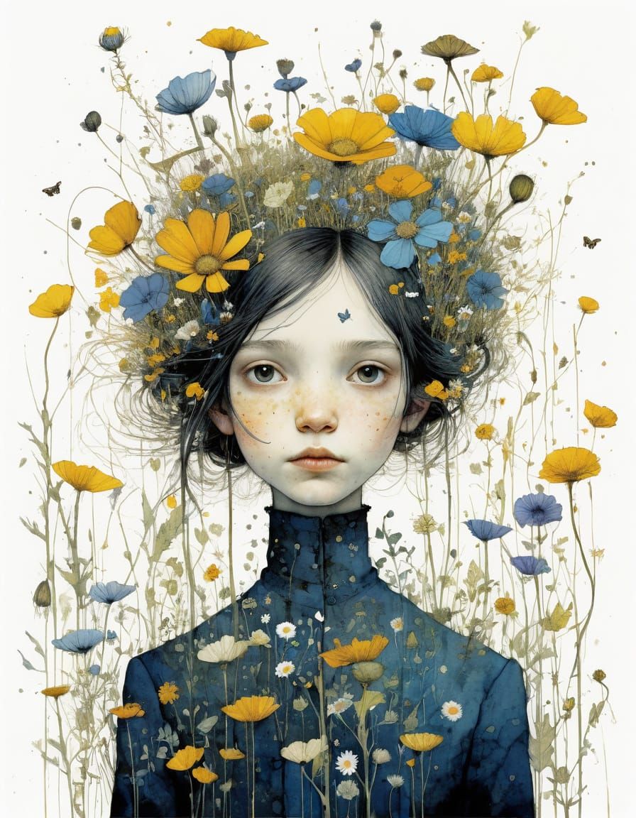 Golden Wildflowers in Art Nouveau Illustration Style