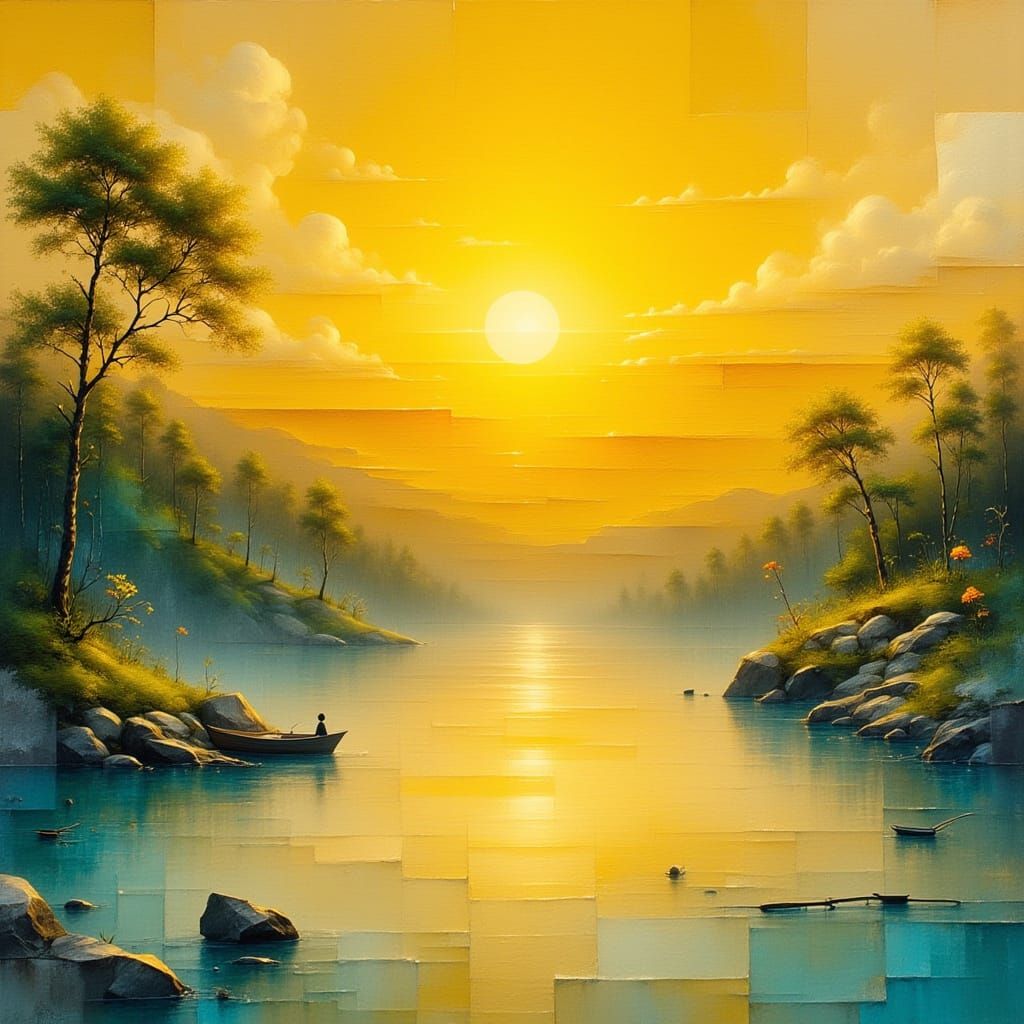 Golden Sunset Over Serene Lake in Bob Ross Style