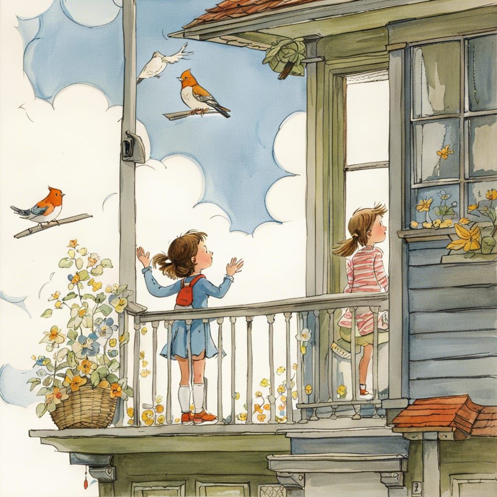 Girl in Sky House: Whimsical Ink Illustration