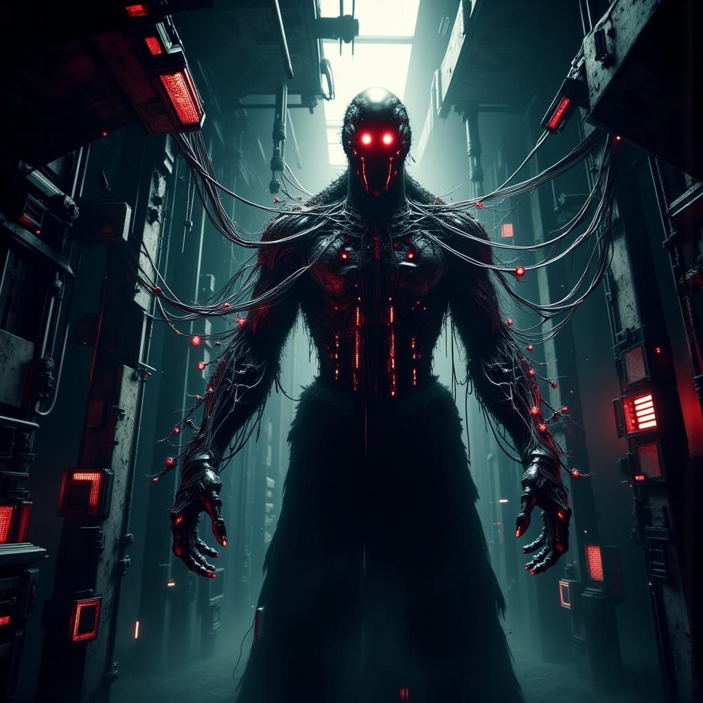 Cybernetic Humanoid in Ominous Industrial Lair