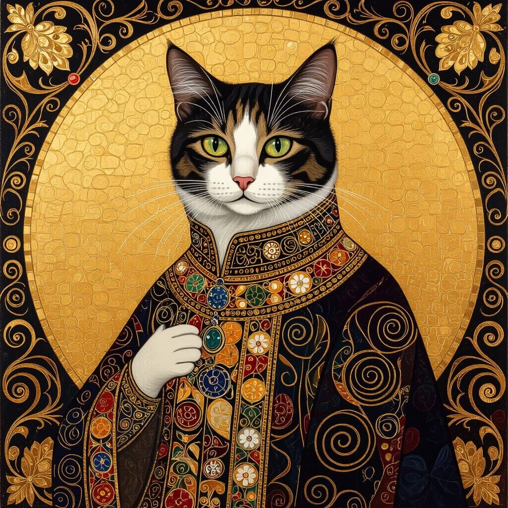 Cat in Klimt Style Byzantine Mosaic