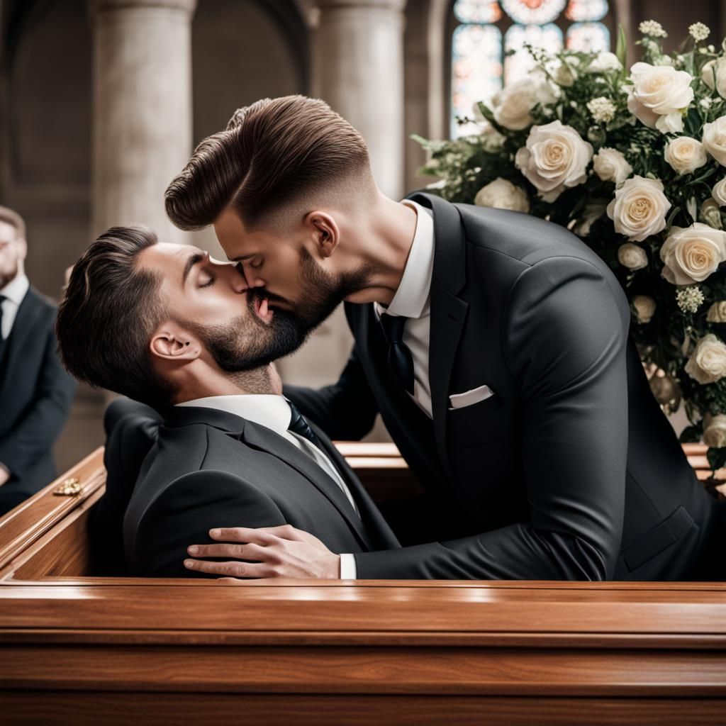 Man in Coffin Kisses Stunned Boyfriend: Photorealistic Image