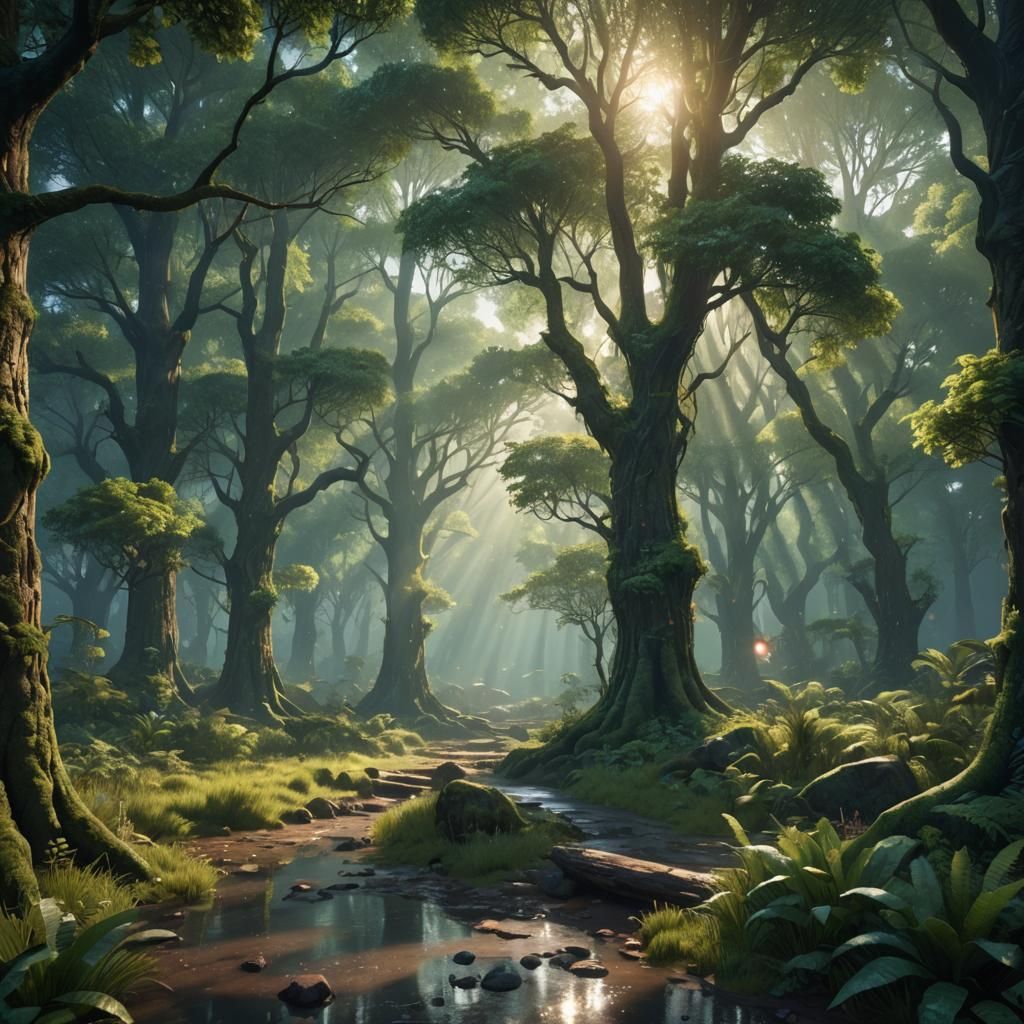 Sunlit Viridian Forest: Detailed Matte Painting