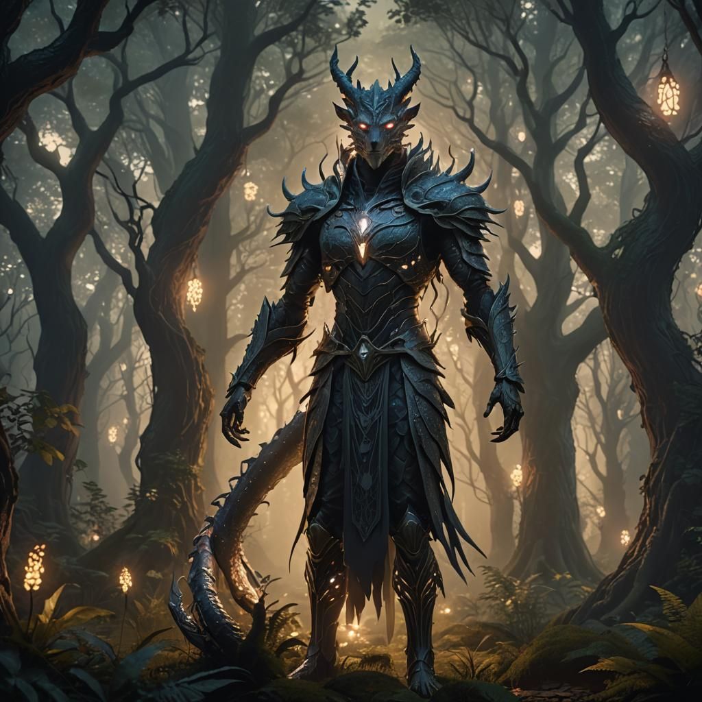 Elegant Dragon-like Humanoid in Magical Forest