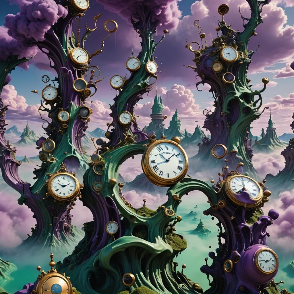 Surreal Dreamscape with Melting Clocks in Digital Art Style
