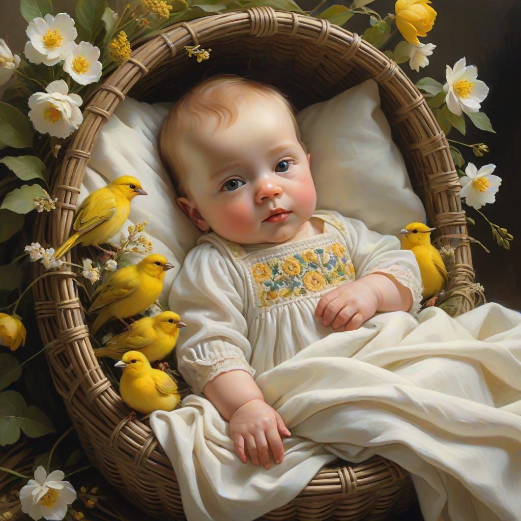 Cherubic Baby Cradles Canary in Enchanted Basket