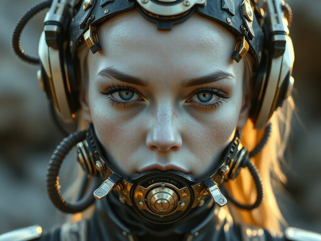 Biopunk Androgyne with Mechanical Mask in Luis Royo Style