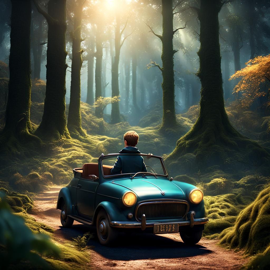 Young Boy Driving Car Through Sunny Forest
