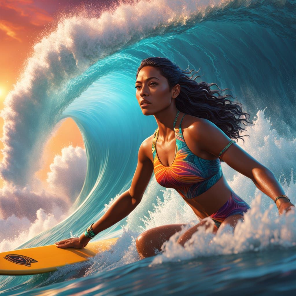 Polynesian Surfer Goddess Rides the Tsunami
