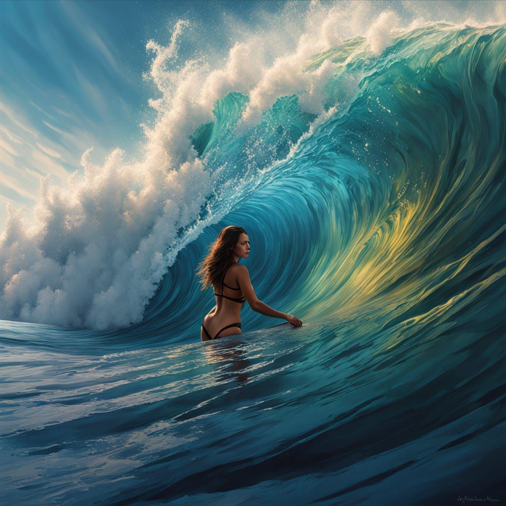 Hyperrealistic Polynesian Surfer Rides Tsunami Wave