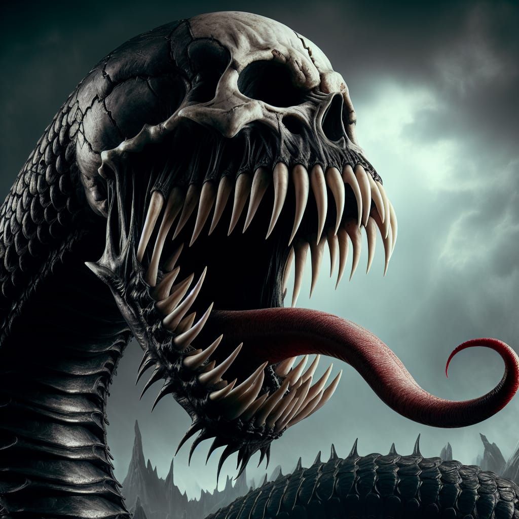 A giant black snake with a human skull for a head