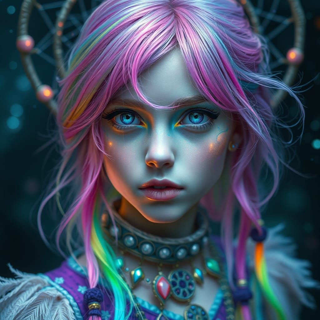 Dreamcatcher Girl in Cosmic Pastel Dreamscape