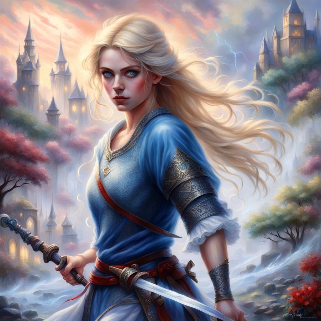 Ethereal Blonde Warrior with Bloody Sword