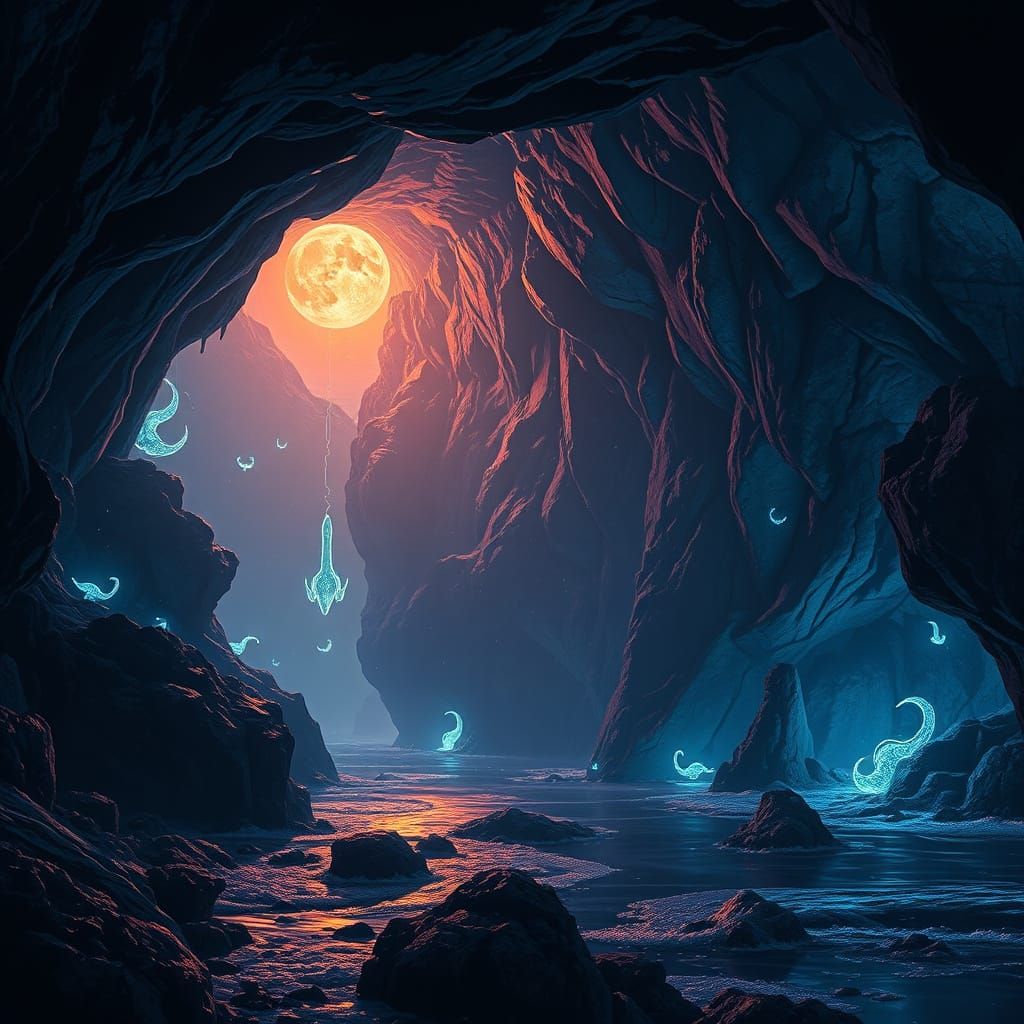 Ethereal Ocean Caves: Bioluminescent Wonders in Moody Hues