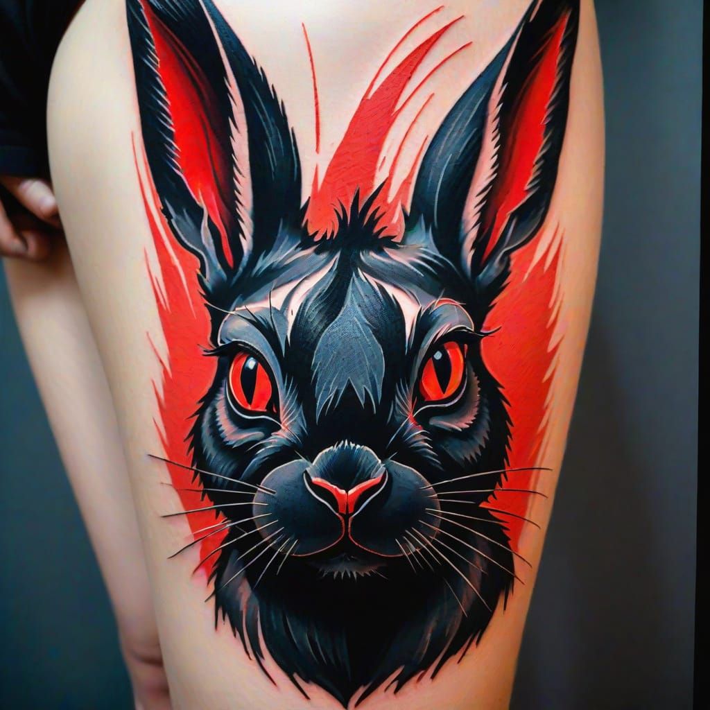 Expressionist Rabbit Tattoo with Vivid Colors and Bold Lines