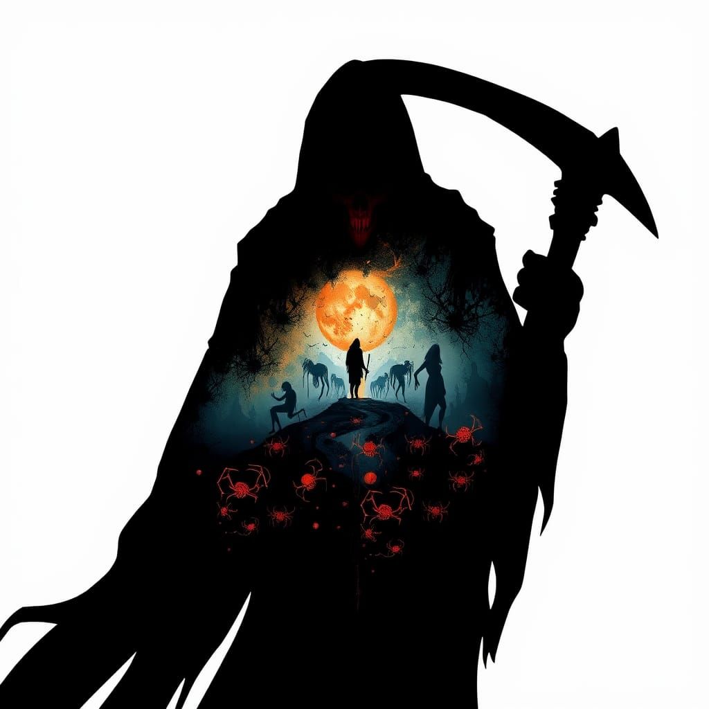 Grim Reaper Silhouette with Haunting Landscape