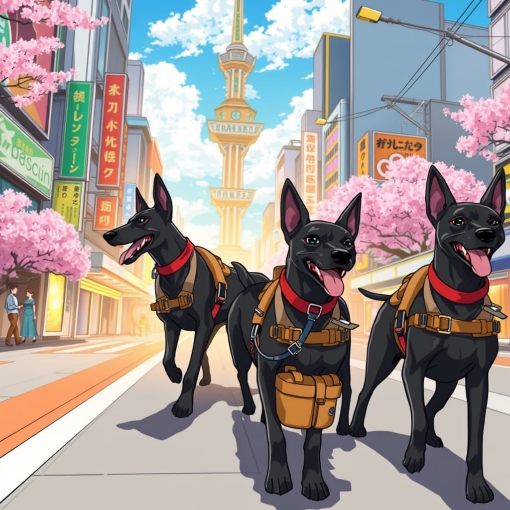 Hounds Explore Neon City in Anime-Manga Style