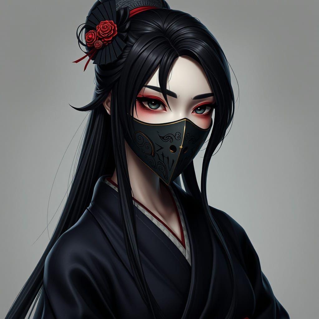 Traditional Japanese Goddess in Dark Kimono with Intricate P...