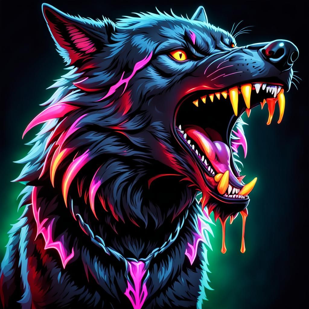 Colorful Hellhound Wolf with Neon Saliva