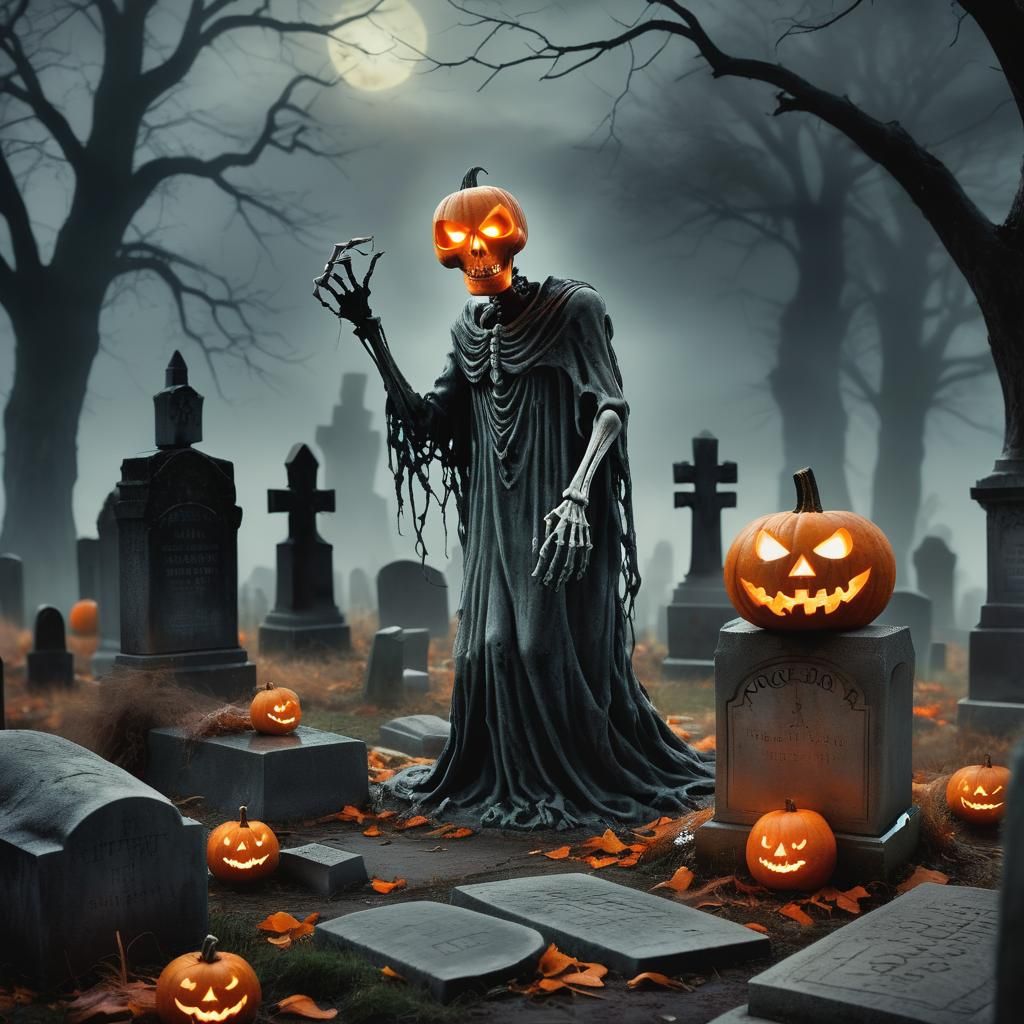 Pumpkin-Headed Spirit in Haunted Cemetery: Digital Art