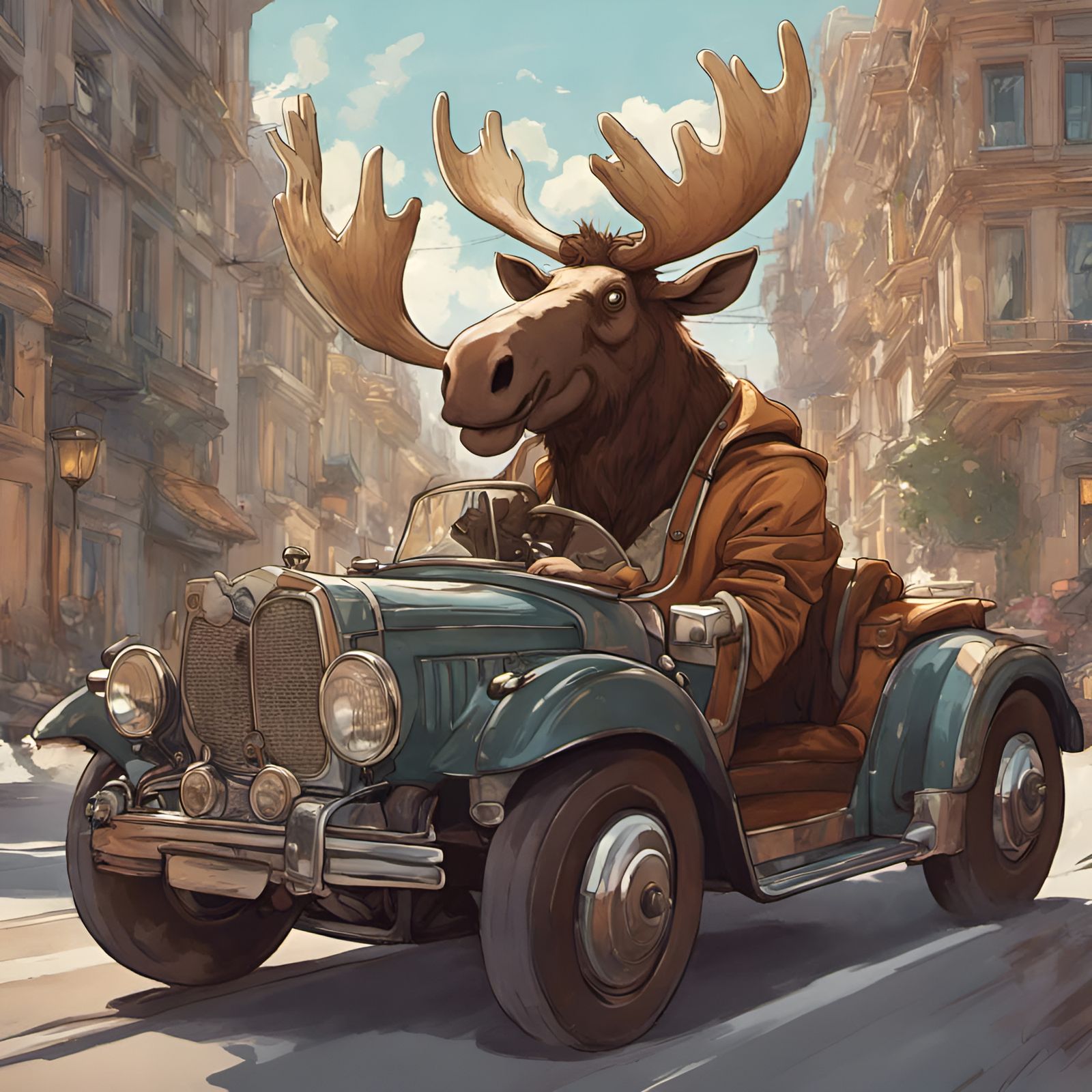 Moose Drives Car in Dr. Seuss Cartoon Style