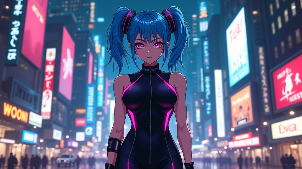 Confident Futuristic Futa in Neon Cityscape