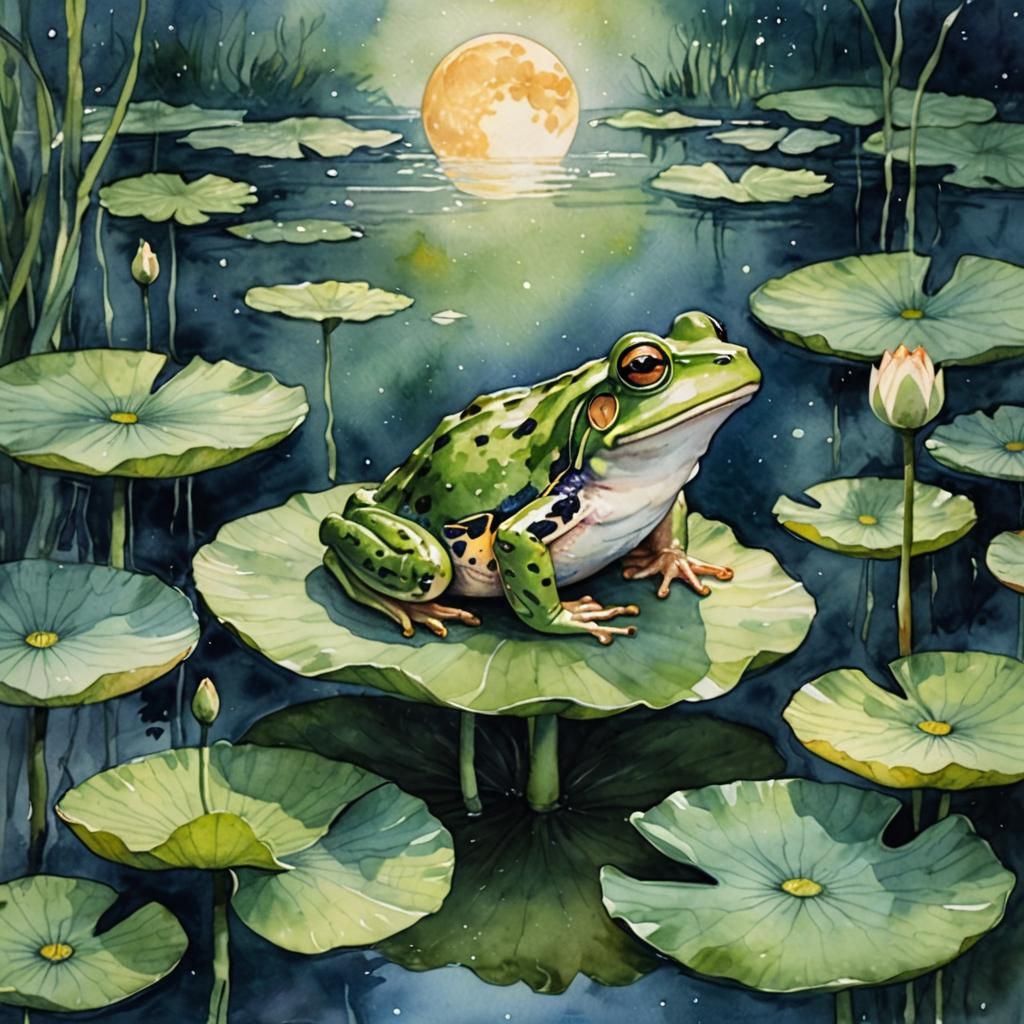 Dreamy Frog Prince in Watercolor Moonlight