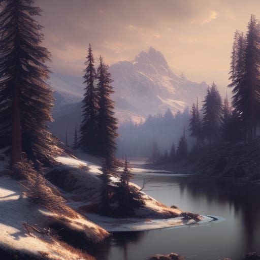 Autumn Mountain Landscape with Riverbank House